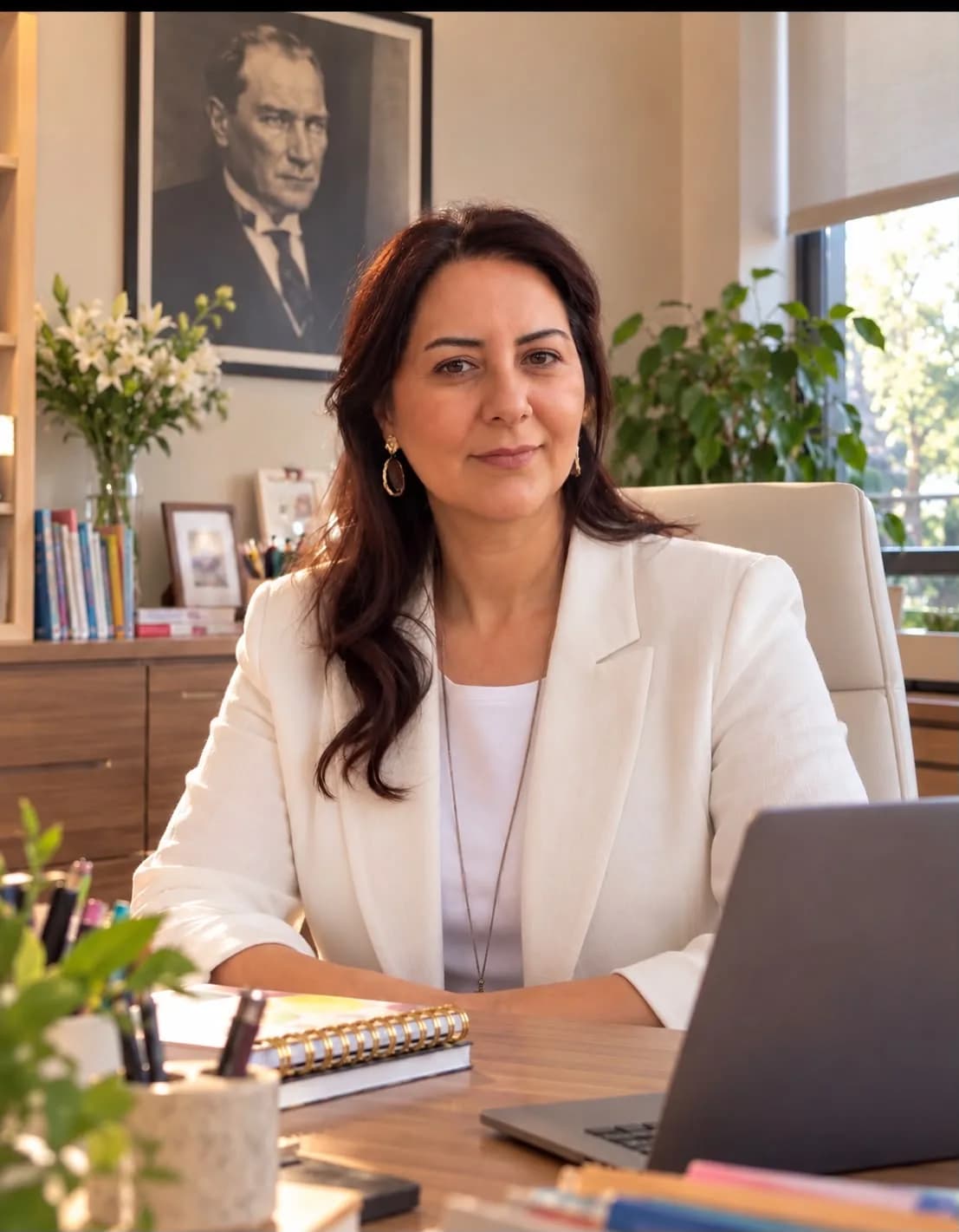 Umut Anaokulları kurucusu Özlem Tükel, ofisinde masasının başında